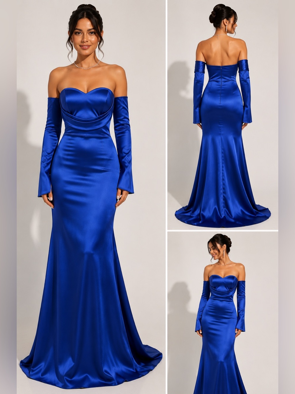 Royal Blue Satin Strapless Off Shoulder Sleeve Mermaid Gown XL